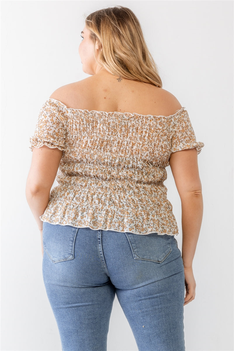 Plus Floral Chiffon Ruched Smocked Off-the-shoulder Top - Dassefy