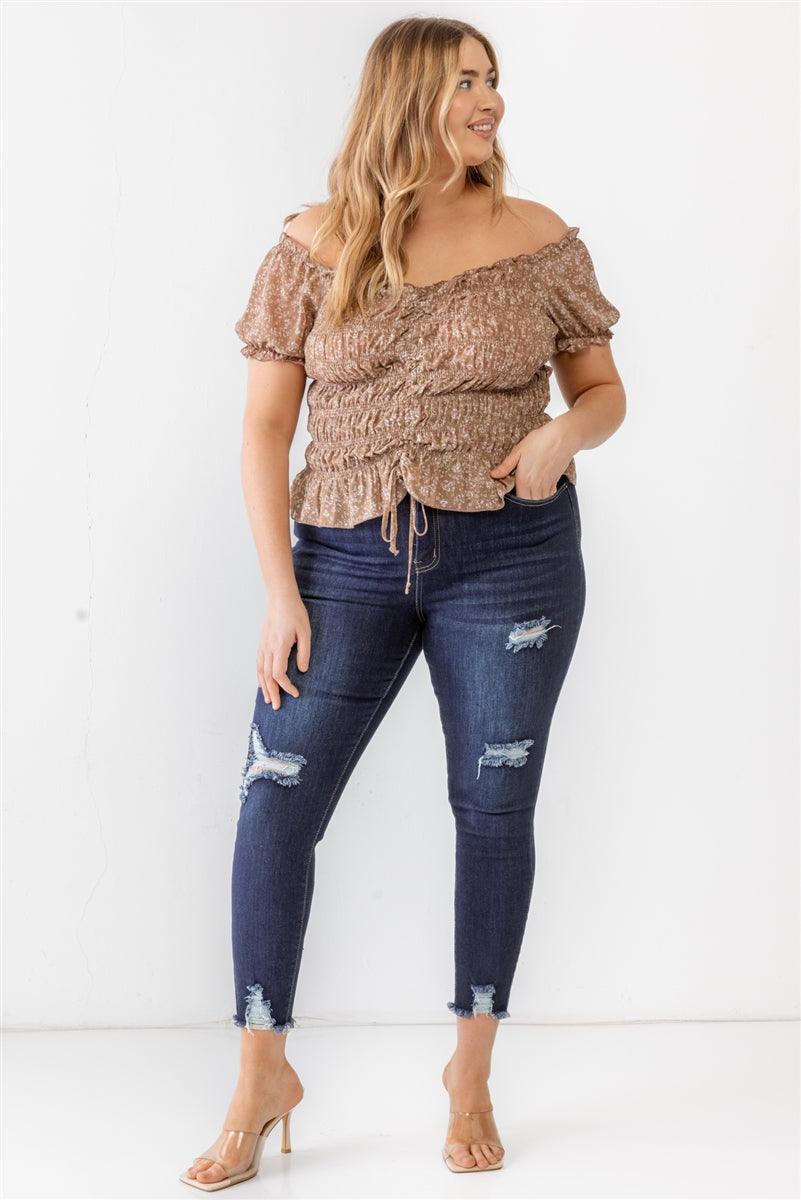 Plus Floral Chiffon Ruched Smocked Off-the-shoulder Top - Dassefy