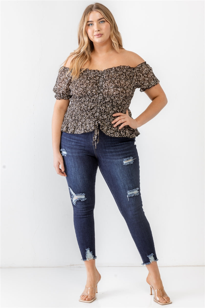 Plus Floral Chiffon Ruched Smocked Off-the-shoulder Top - Dassefy