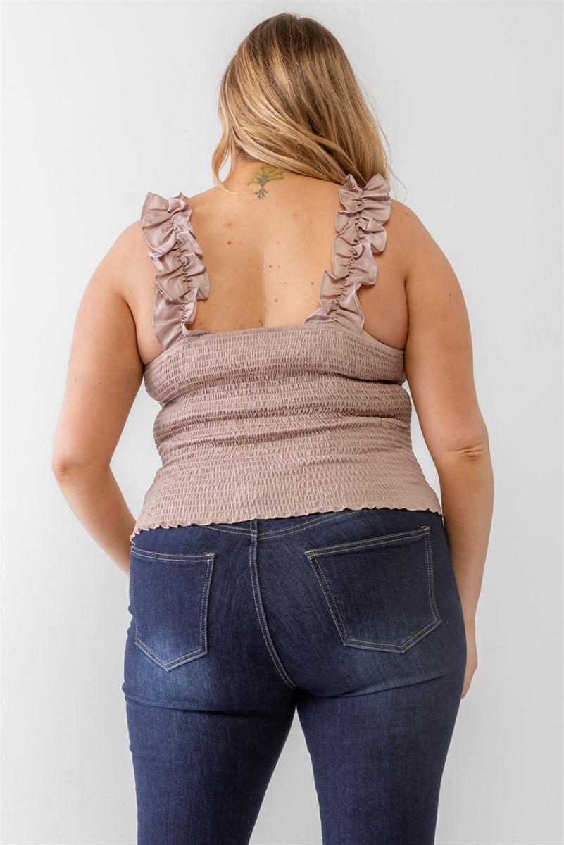 Plus Ruched Button-up Ruffle Strap Smocked Back Tank Top - Dassefy