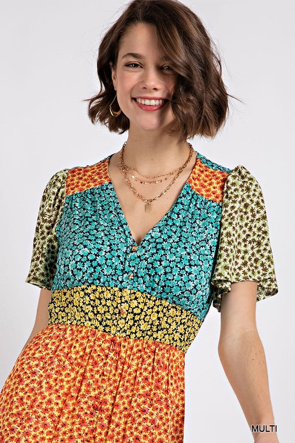 Ditsy floral color block v-neck split button up maxi dress - Dassefy