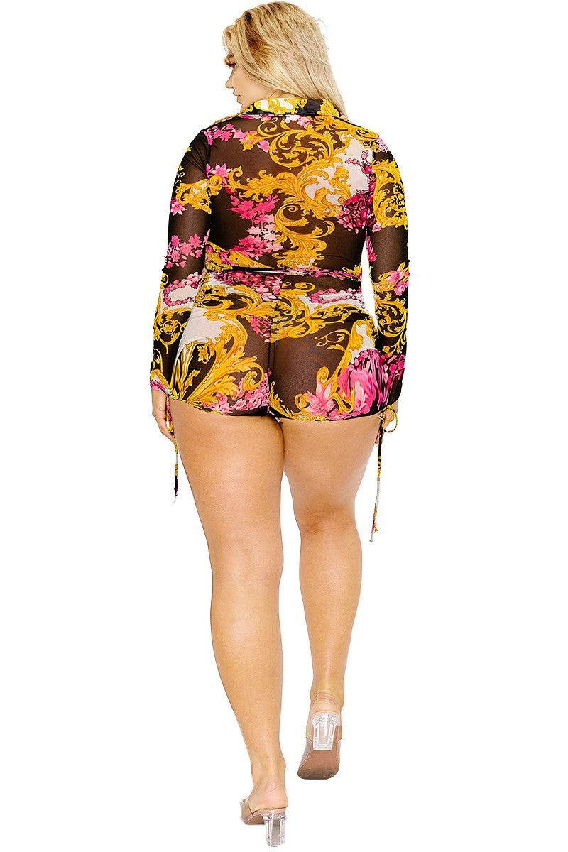 Plus gold & floral pattern print belted romer - Dassefy