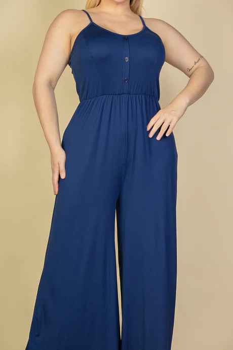 Plus Size Button Front Wide Leg Jumpsuit - Dassefy