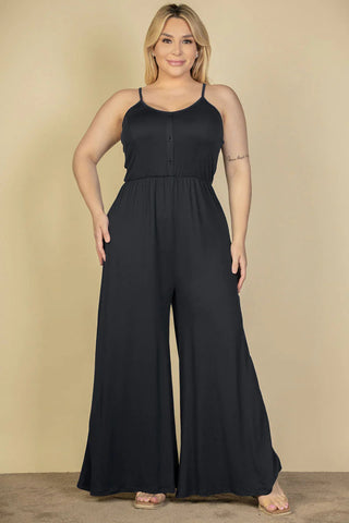 Plus Size Button Front Wide Leg Jumpsuit - Dassefy